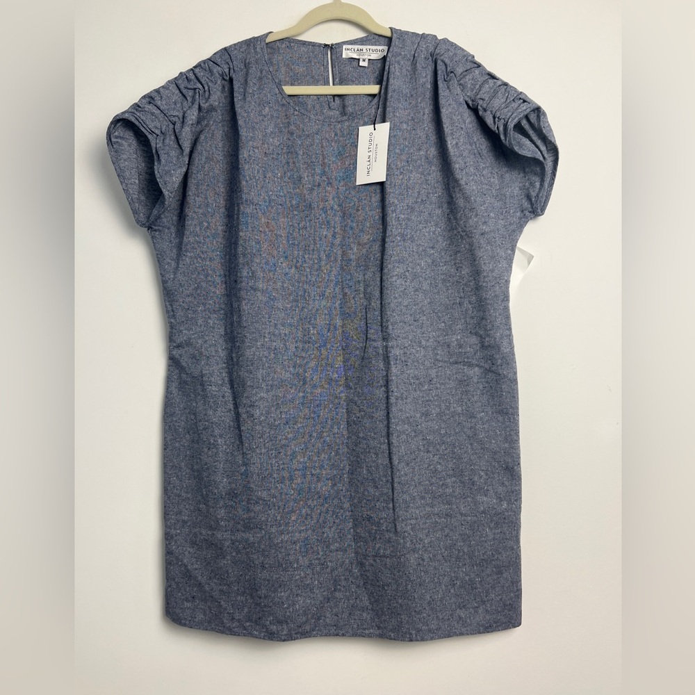 NEW INCLAN Studio Medium Blue Chapman Short Sleeve‎ Minimalist 100% Linen Dress